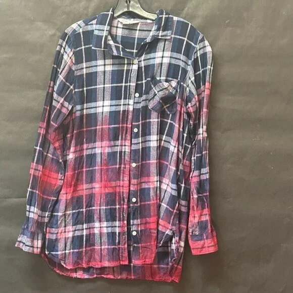 Old Navy Size Large Plaid Shirt Red Grunge Tie Dyed Tunic Window Pane Blue - Picture 2 of 6